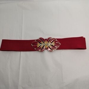 Vintage Red Fashion Belt Leaf Buckle Flame Feather Elastic Stretch Cloisonné
